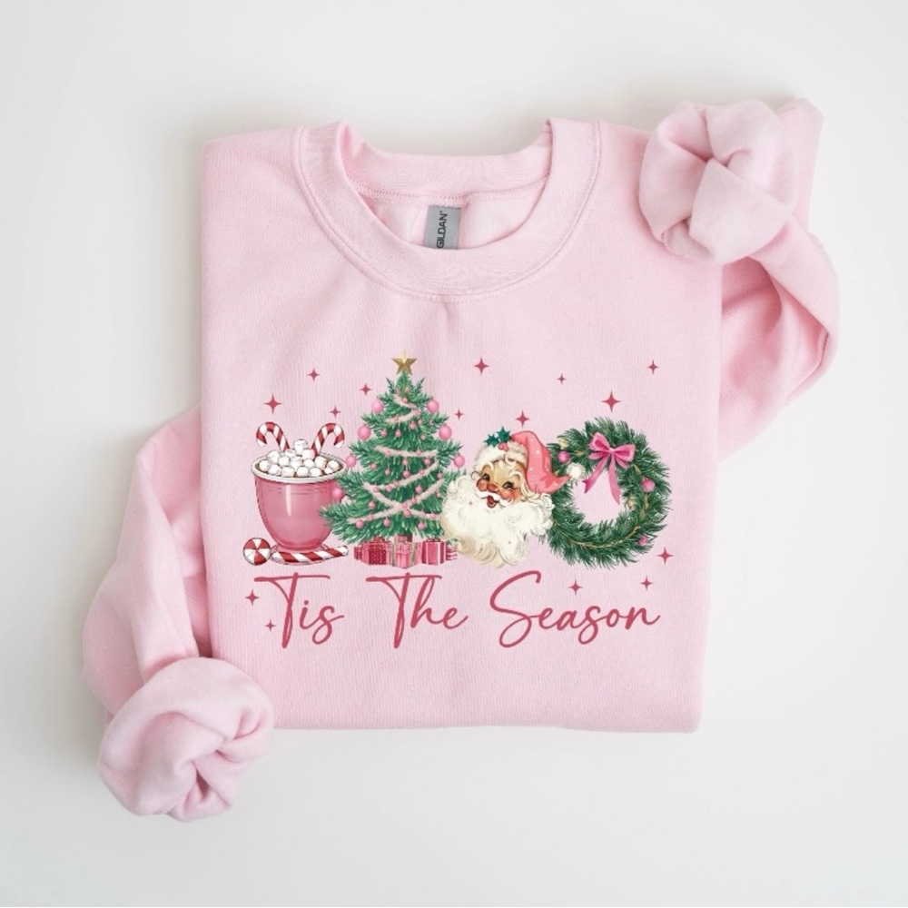 NEW! Size Medium. Pink 'Tis The Season Sweatshirt. Gildan brand.